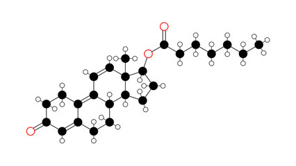 trenbolone enanthate molecule, structural chemical formula, ball-and-stick model, isolated image anabolic steroid
