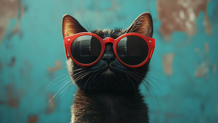 Close up portrait of a beautiful black cat with red sunglasses