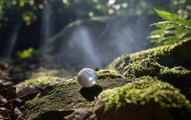 Obraz premium A polished moonstone set on mossy rocks with light fog and soft sun rays breaking through trees