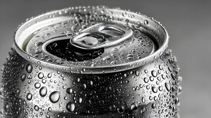 Close-up view of a condensation-covered aluminum soda can top with a pull tab ready to be opened for refreshing beverage.