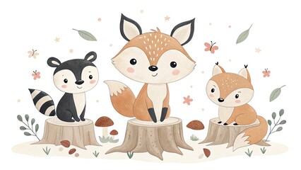 Fototapeta premium A set of cute woodland animals painted concept Three cute cartoon animals sitting on tree stumps surrounded by nature elements and flowers.