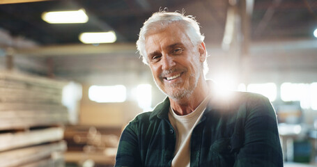 Portrait, mature and happy man as carpenter in workshop, wood manufacturing and production...