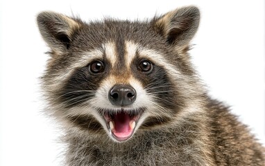 Obraz premium Laughing raccoon with bright eyes and open mouth, isolated white background, detailed fur texture, cute expression