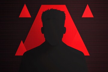 A faceless digital avatar surrounded by red warning triangles and glitching text, symbolizing targeted online harassment, abstract style, cool and sharp tones. , closes up
