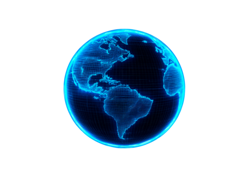 Glowing blue digital globe isolated on transparent background - Powered by Adobe