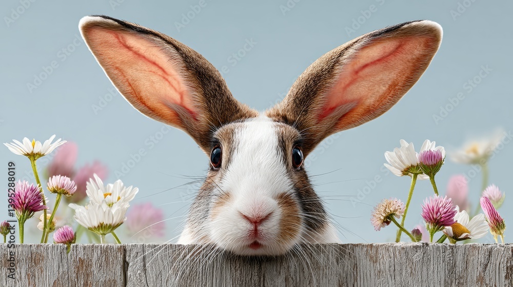 Poster rabbit with its ears up and looking at the camera. the rabbit is in front of a fence with flowers on