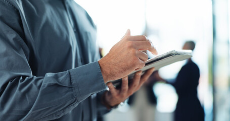 Office, tablet and hands of business man in boardroom for online notes, research and planning. Professional, corporate and worker on digital tech for website, networking and strategy in discussion