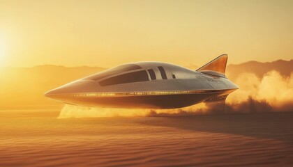 Futuristic conceptual aviation spacecraft soaring above a desolate planet landscape