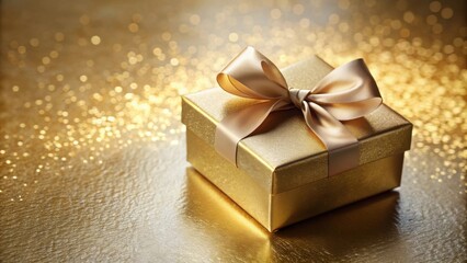 A luxurious golden gift box with a satin ribbon bow, resting on a shimmering gold background