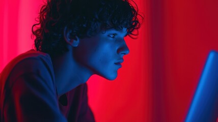 A lonely teenager sitting in a dark room, illuminated by the glow of a laptop screen displaying hateful messages, cyberpunk style, blue neon tones, dramatic lighting. , closes up