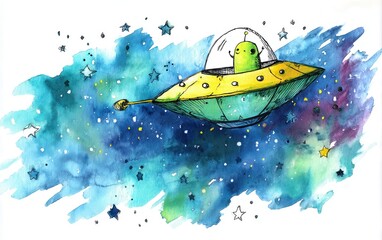 Childs painting of an alien in a spaceship with stars in watercolor on a white background