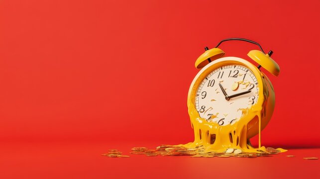 Melting clock with vibrant yellow theme representing time and urgency on a bright red background
