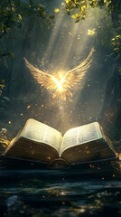 A glowing angel soars above an open book within a forest