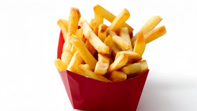 Crispy french fries in red container on white background