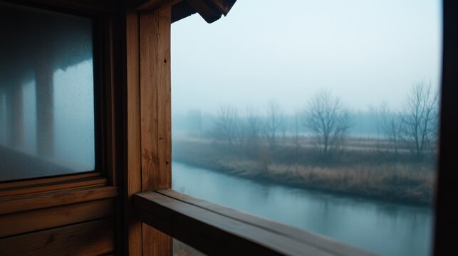 Mist envelops tranquil river view from wooden cabin window in early morning light near serene forest landscape