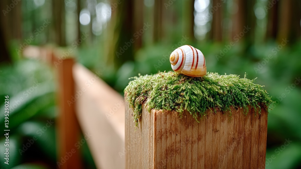 Poster small white and brown shell sits on a mossy log. the shell is on top of the moss, which is growing o