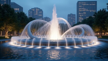 Urban Night Scene Fountn Light and Shadow