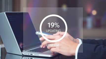 Person updates their laptop while holding a cellular phone