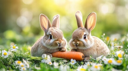 Fototapeta premium Two adorable bunnies sharing a carrot in a sunny field of daisies.