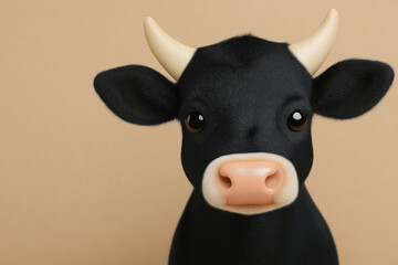 Smiling Bovine Portrait: A charming, close-up portrait of a friendly black bull with adorable, expressive eyes and a gentle demeanor, exuding warmth and capturing a sense of serene calm.