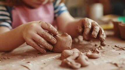 A close-up of small hands molding clay into imaginative shapes
