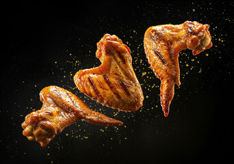 Giant well-grilled chicken wings gracefully soaring through the air on a dark background