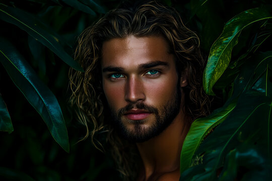 Handsome man with long hair and green eyes portrait in jungle foliage beauty model fashion photography - Powered by Adobe