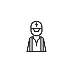 A minimalist line drawing of a person wearing a hard hat with a lightning bolt symbol. This could represent an electrician or a construction worker focused on electrical work.