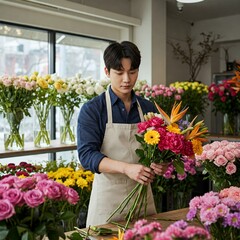 a young Korean man working in a florist shop. He is wearing a blue apron and is arranging a bouquet of colorful flowers. The shop is filled with various flowers and plants.
