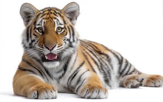 Grinning tiger cub with bright eyes, relaxed pose, pure white background, playful wild animal expression