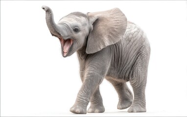 Obraz premium Laughing elephant calf with lifted trunk and wide open mouth, isolated on white, soft grey tones, joyful wild animal shot