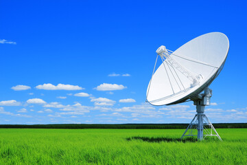 Satellite Dish: A large satellite dish stands in a field of green, pointing skyward against a backdrop of a vibrant blue sky filled with puffy clouds.