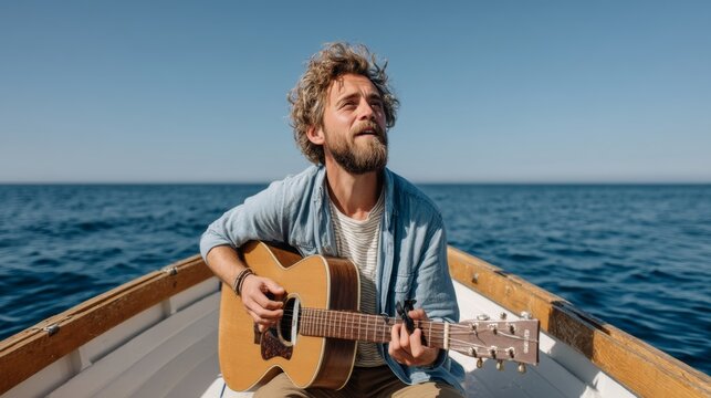 Man is playing a guitar in a boat on a blue ocean. The man is smiling and he is enjoying himself