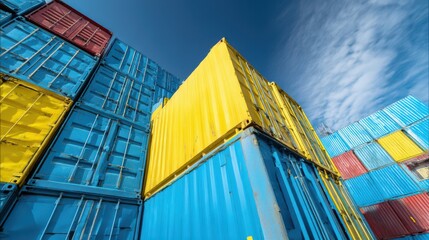 Fototapeta premium Colorful stacked cargo containers at a container port for business transportation