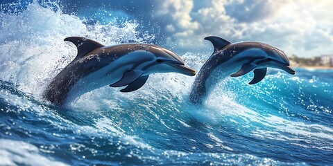 Fototapeta premium Two Dolphins Joyfully Leaping from the Ocean Waves
