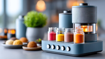 Futuristic cooking station showcases multiple 3D food printers crafting diverse dishes with vibrant ingredients