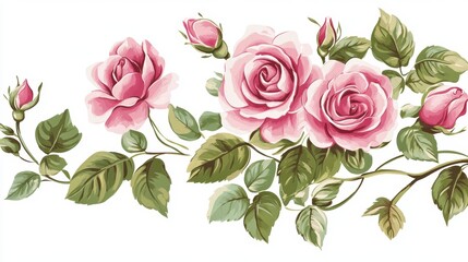 Naklejka premium Pink roses with green leaves and buds arranged horizontally on a white background.