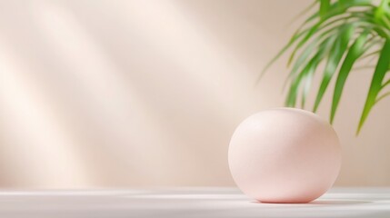 Fototapeta premium Pastel pink sphere, sunlit, minimalist backdrop with tropical plant