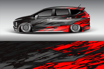 Sleek modified car with a striking black and red design showcased against a gradient background