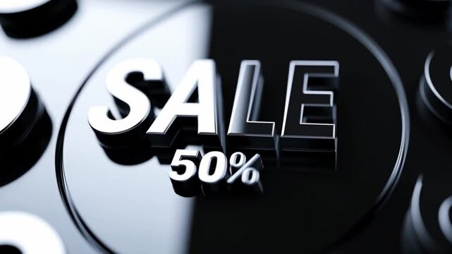 Large sign announcing a 50 percent discount is prominently featured on a glossy black background. This visually striking element draws attention to special offers as shoppers browse