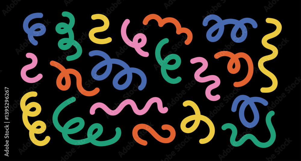 Poster set of curvy wavy line in flat naive style. playful scribble squiggle. curve ribbons shapes