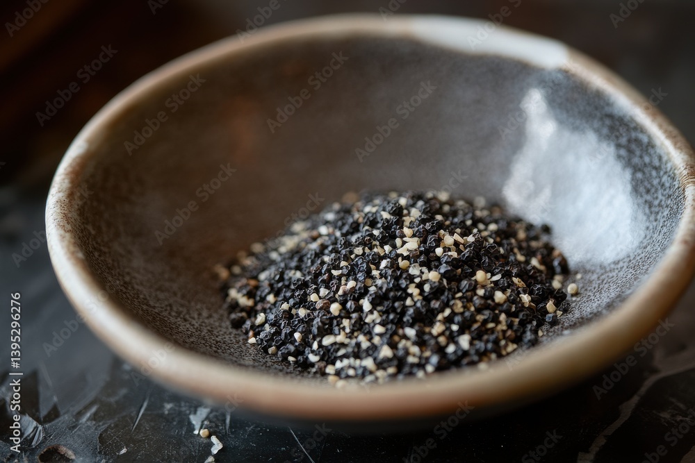Poster black sesame seeds in a rustic bowl on a dark surface highlight culinary potential in modern cooking