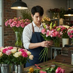 a young Korean man working in a florist shop. He is wearing a blue apron and is arranging a bouquet of colorful flowers. The shop is filled with various flowers and plants.