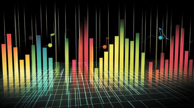 conceptual image of sound represented as colorful bars moving in sync with music, displayed on a digital DSP equalizer screen. sound representation, digital screen, DSP equalizer, colorful bars, 