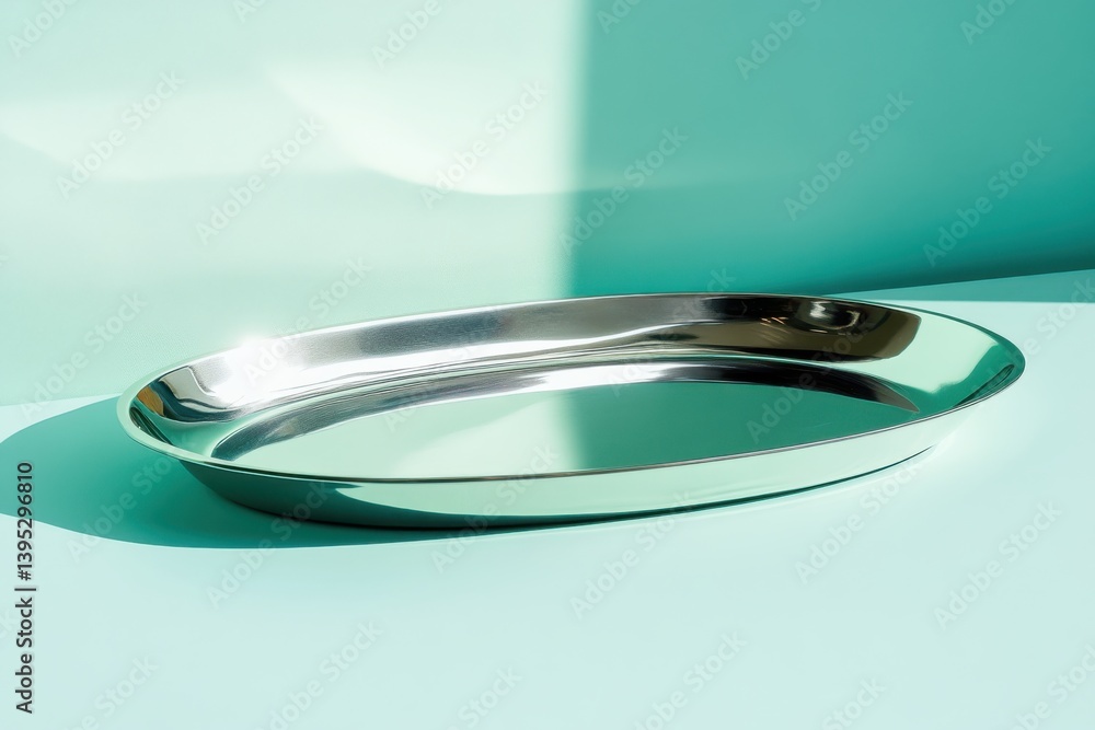 Aufkleber Reflective tray showcased on a turquoise background with soft shadows highlighting its smooth surface and sleek design