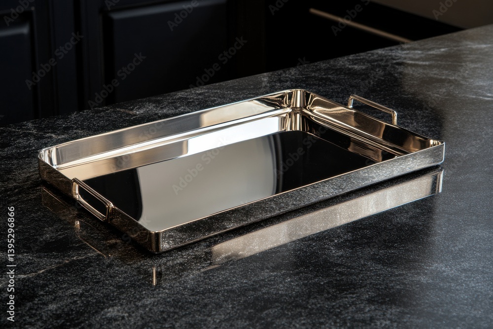 Poster gleaming silver tray on a dark stone countertop in a modern kitchen setting