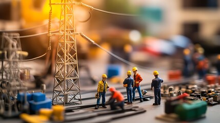 Detailed model of a grid station arranged on a wooden office table under natural light in a spacious and well-lit office area.