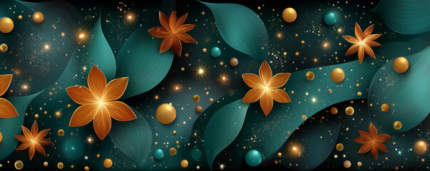 Elegant floral ornament on a dark green background with golden swirls. Modern geometric pattern for walls and wallpaper.