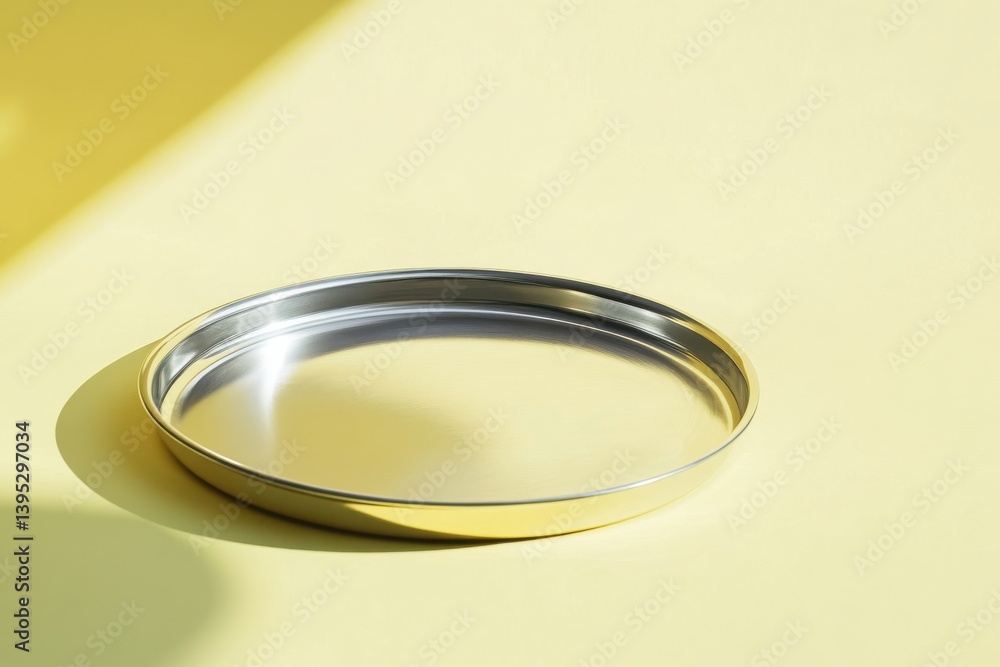Aufkleber simple metallic tray resting on a smooth yellow surface illuminated by soft natural light