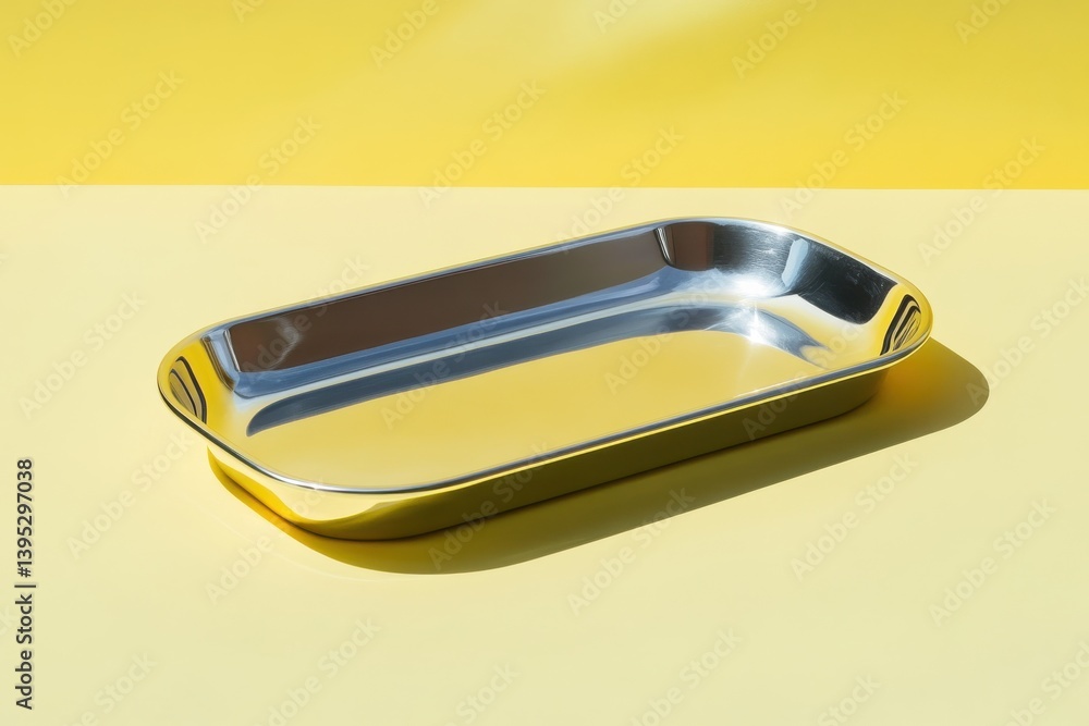Poster stainless steel tray on vibrant yellow surface showcases modern design and practical utility in indo